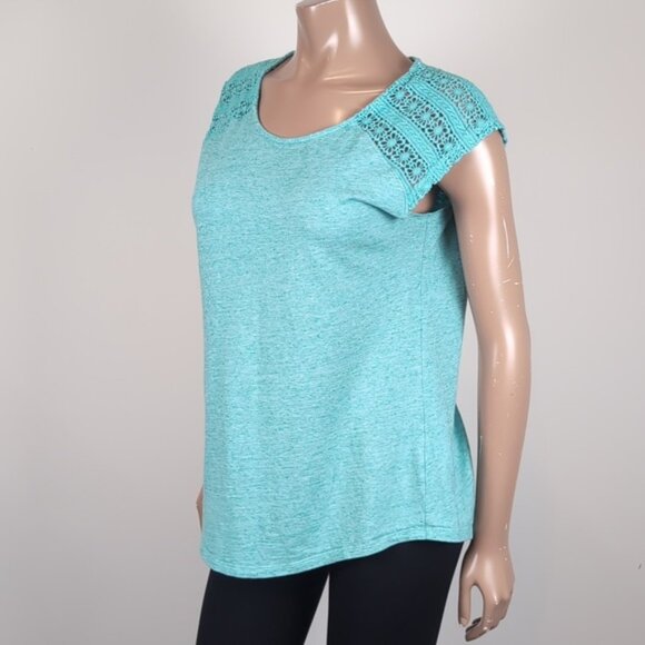 Bleu Gray Crochet Tshirt Sheer Shoulder Cap Sleeve Turquoise Summer Top - Picture 3 of 9